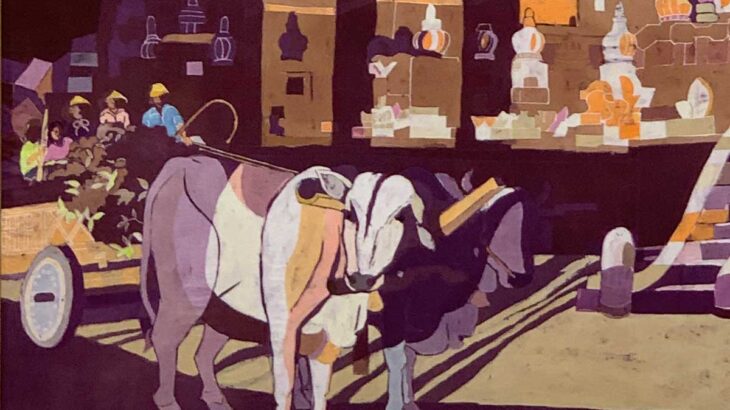 平岩智子さんのバティック画が日展に入選　残照のプランバナン寺院を描く